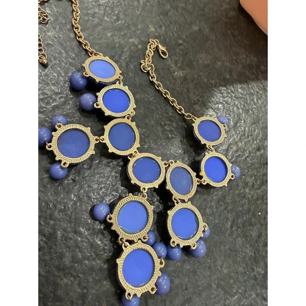 Vintage Style Cobalt Blue Statement Bib Necklace Gold Tone Mid Century Inspired